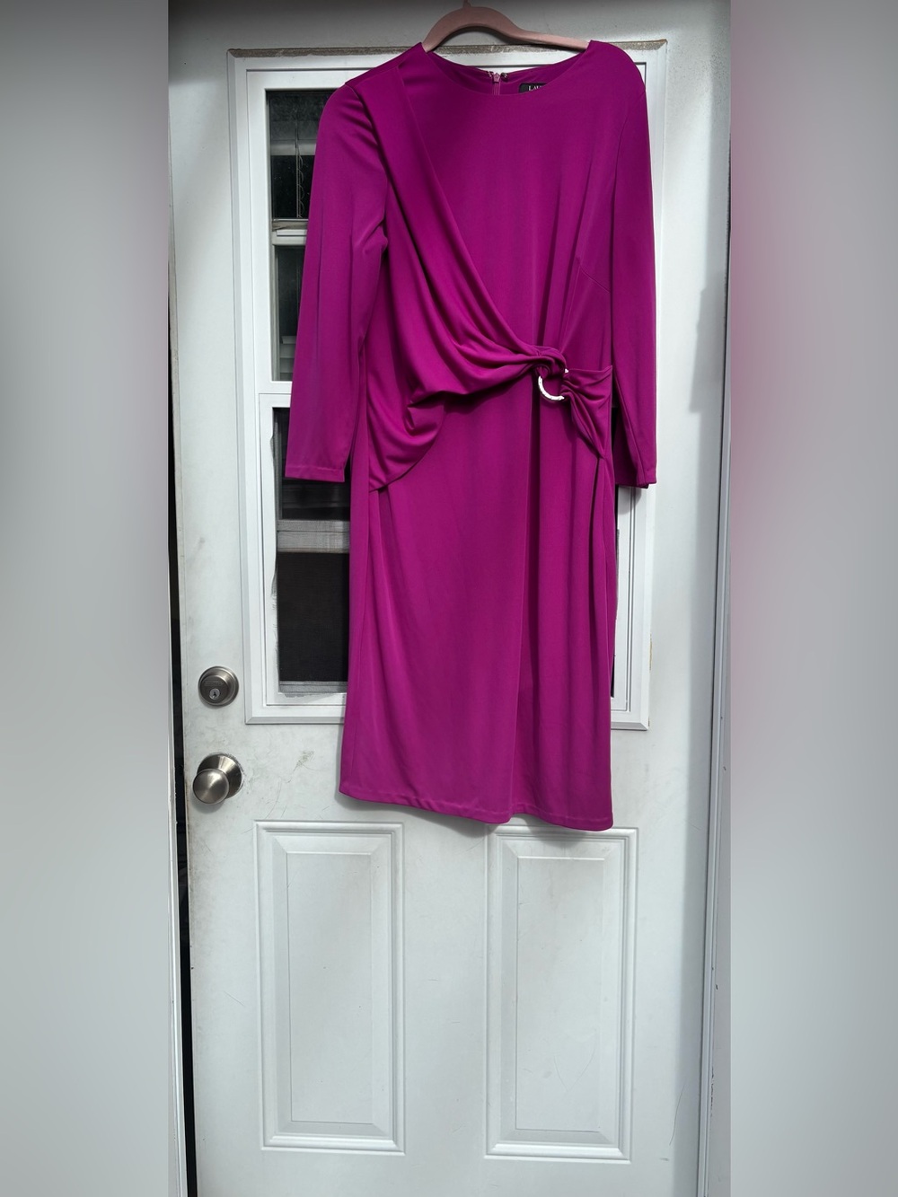 Lauren Ralph Lauren Magenta Long Sleeve Knot-Detail Dress draped ring midi chic